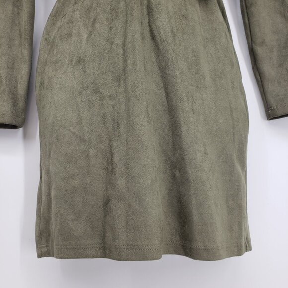 3/$25 Windsor Faux Suede Mini Sheath Dress S Long Sleeves V Neck Olive Green - Picture 4 of 10